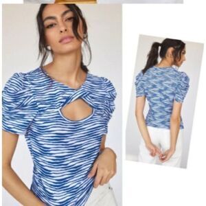Maeve by Anthropologie Women Textured Cut-Out Short Puff Sleeve Top Size M